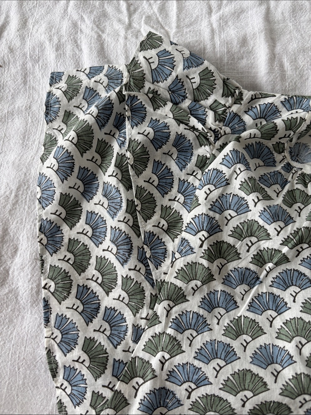 Marea by Liz Joy blockprint blouse, cap sleeves, blue/green/white, cotton,size S - Picture 6 of 8